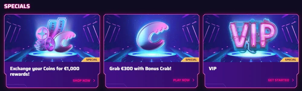 Roby Casino Sonderangebote-Bereich mit Münzwechseln und VIP-Belohnungen